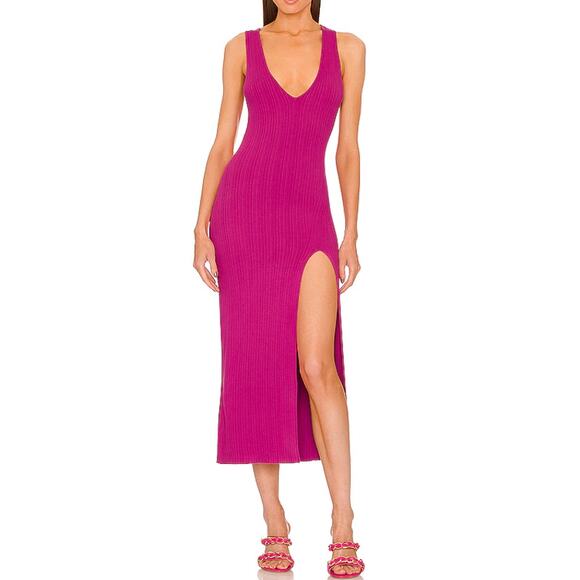 Michael Costello x Revolve Dress Variegated Rib Bodycon Midi Sexy Baddie Magenta - Picture 1 of 9